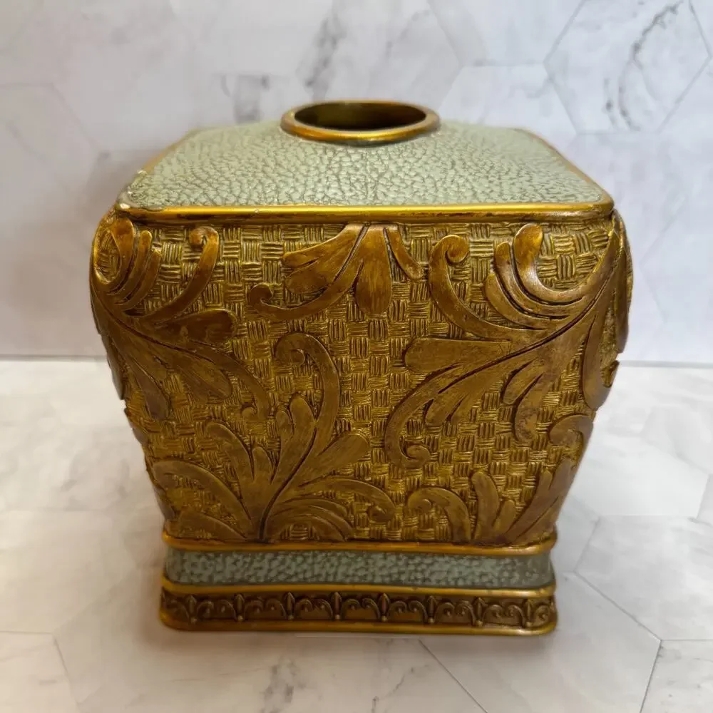 Vtg Tissue Box Cover Ornate Decorative Square Resin Baroque Scrolling Leaf EUC